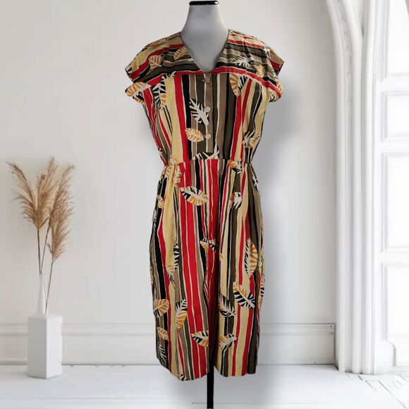 Vintage 80s Dolman Sleeve Midi Dress Size L Striped Leaf Safari Print - Picture 2 of 11